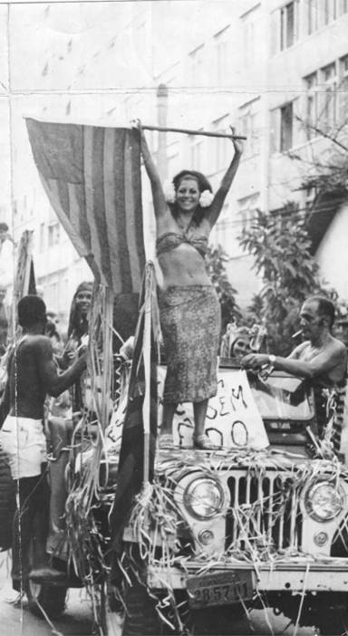 Com a bandeira do Flamengo, Marilene Dabus aproveita o carnaval carioca.